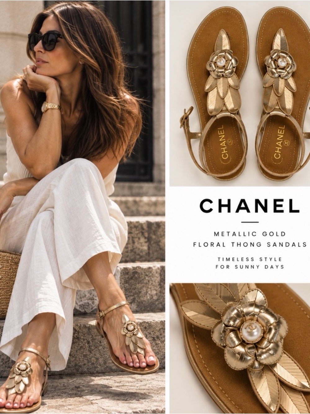 CHANEL Metallic Gold Floral Thong Sandals AUTHENTIC